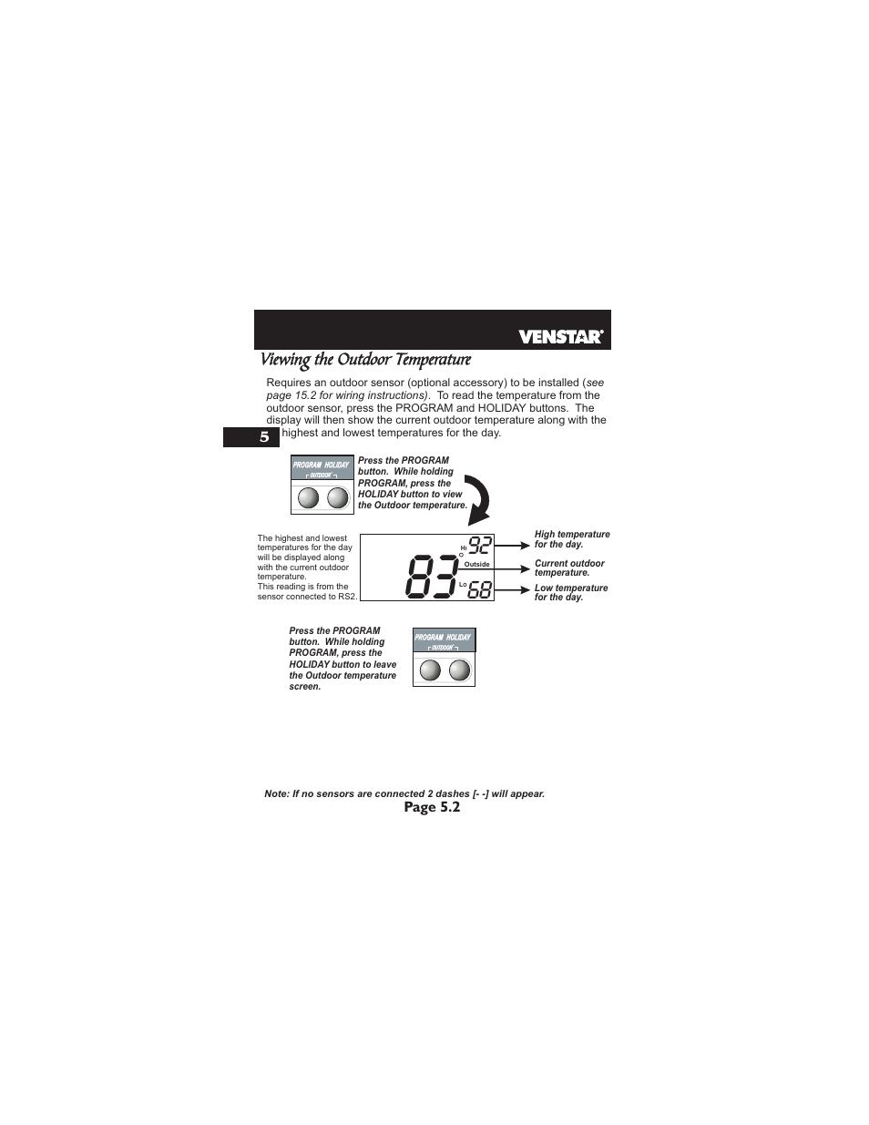 Viewing the outdoor temperature, Page 5.2 | Venstar T2900 User Manual | Page 27 / 113