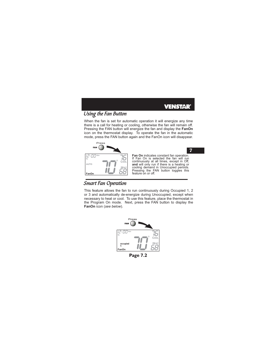 Using the fan button, Smart fan operation | Venstar T2900 User Manual | Page 36 / 113