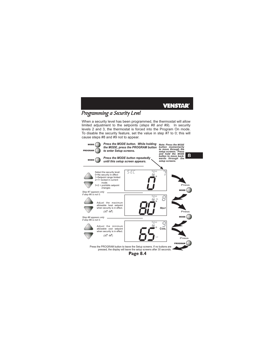 Programming a security level, Page 8.4 8 | Venstar T2900 User Manual | Page 42 / 113