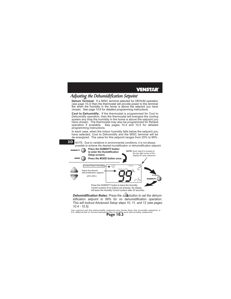 Adjusting the dehumidification setpoint, Page 10.3 | Venstar T2900 User Manual | Page 49 / 113