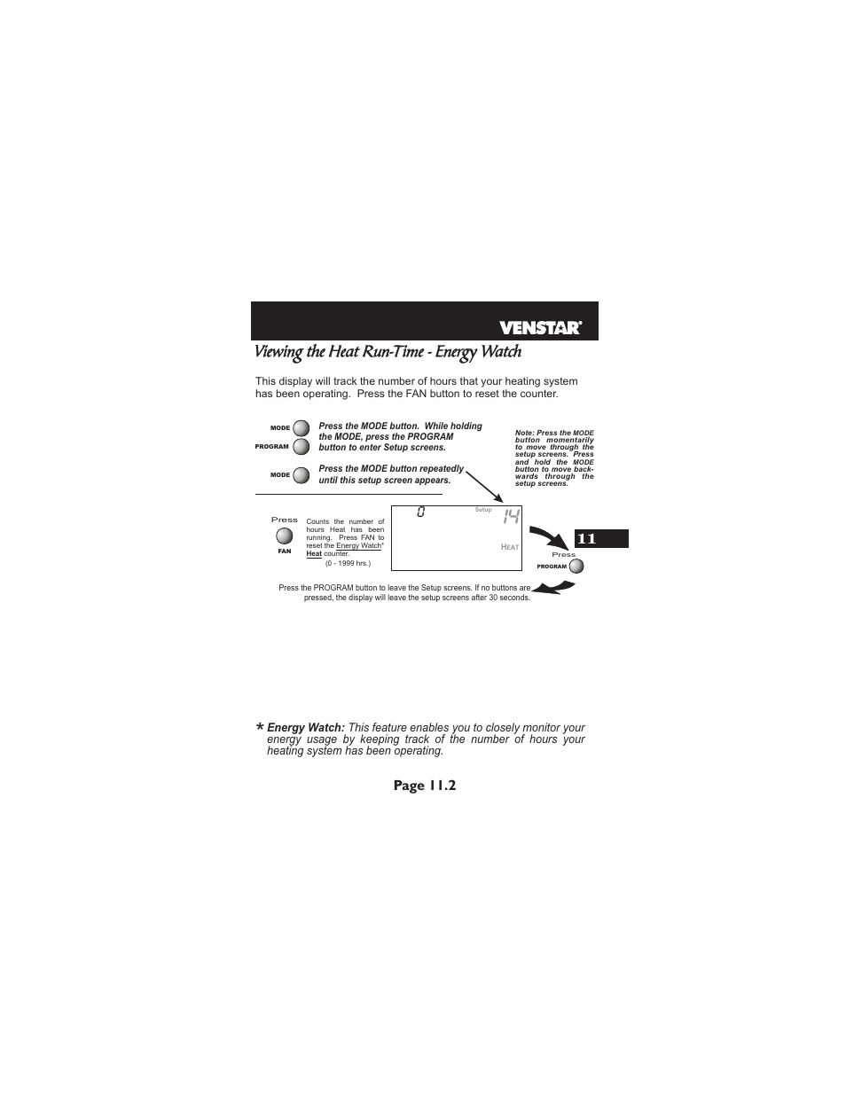 Viewing the heat run-time - energy watch, Page 11.2 | Venstar T2900 User Manual | Page 54 / 113