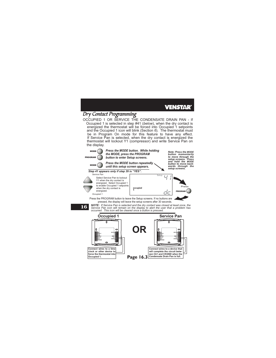 41 dc, Dry contact programming, Page 16.3 | Occupied 1 service pan | Venstar T2900 User Manual | Page 83 / 113