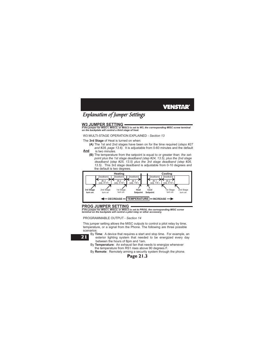 Explanation of jumper settings, Page 21.3, Prog jumper setting | W3 jumper setting | Venstar T2900 User Manual | Page 97 / 113