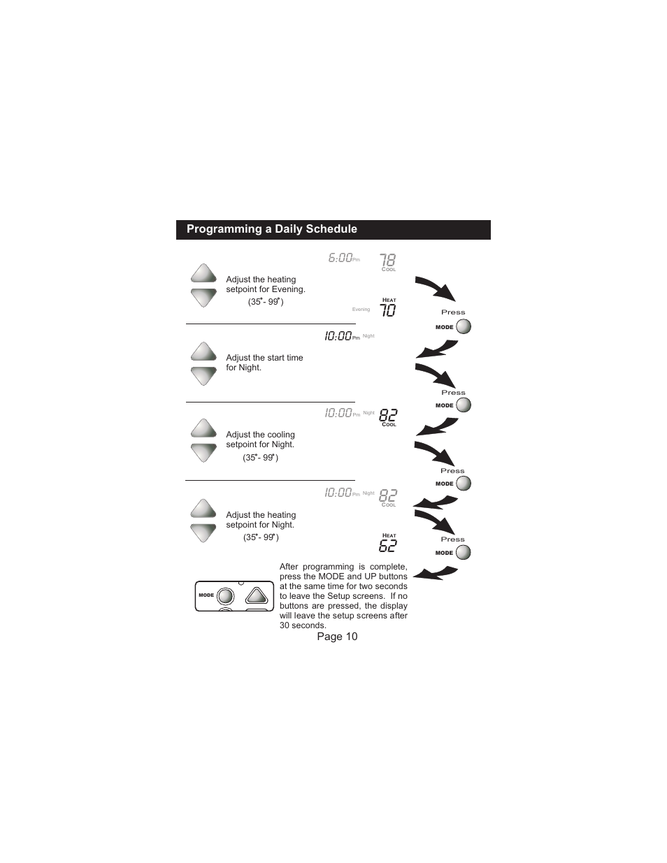 I0:00, Programming a daily schedule, Page 10 | Venstar T1000FS User Manual | Page 11 / 20