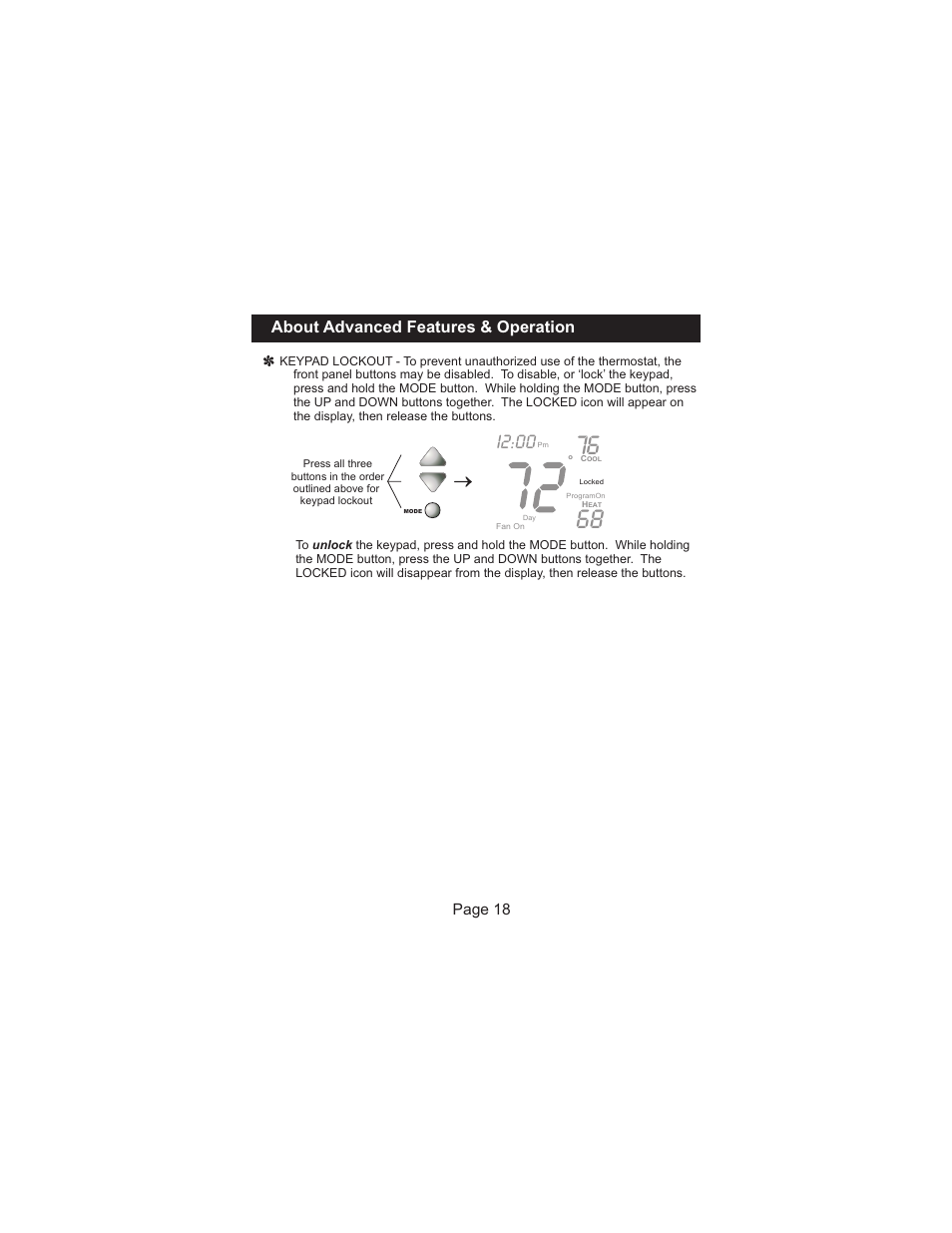I2:00, About advanced features & operation, Page 18 | Venstar T1000FS User Manual | Page 19 / 20