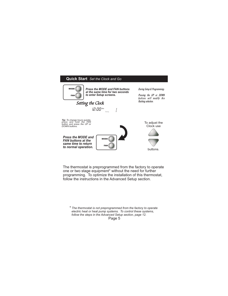 Setting the clock, I2:00, Quick start | Venstar T1000FS User Manual | Page 6 / 20