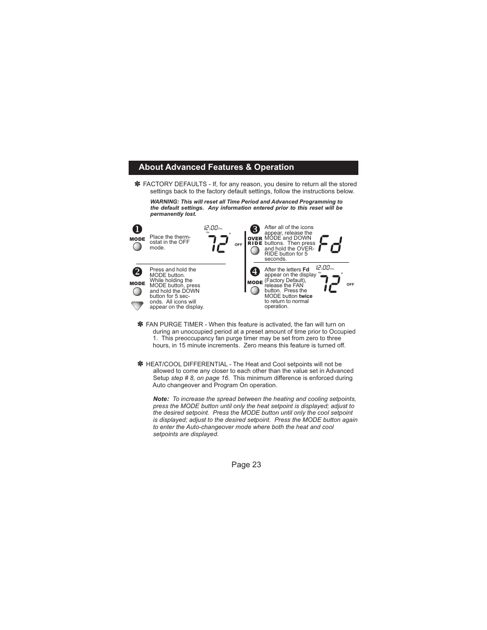 About advanced features & operation, Page 23, I2:00 | Venstar T2300FS User Manual | Page 24 / 29
