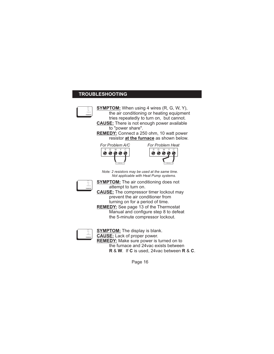 Troubleshooting, For problem a/c, For problem heat | Venstar T1100REC User Manual | Page 17 / 18