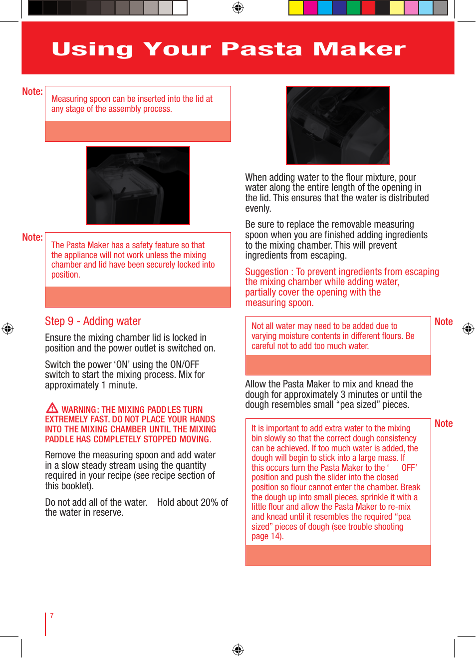 Using your pasta maker, Step 9 - adding water | Viante CUC-25PM Pasta Maker Instruction Manual User Manual | Page 8 / 22