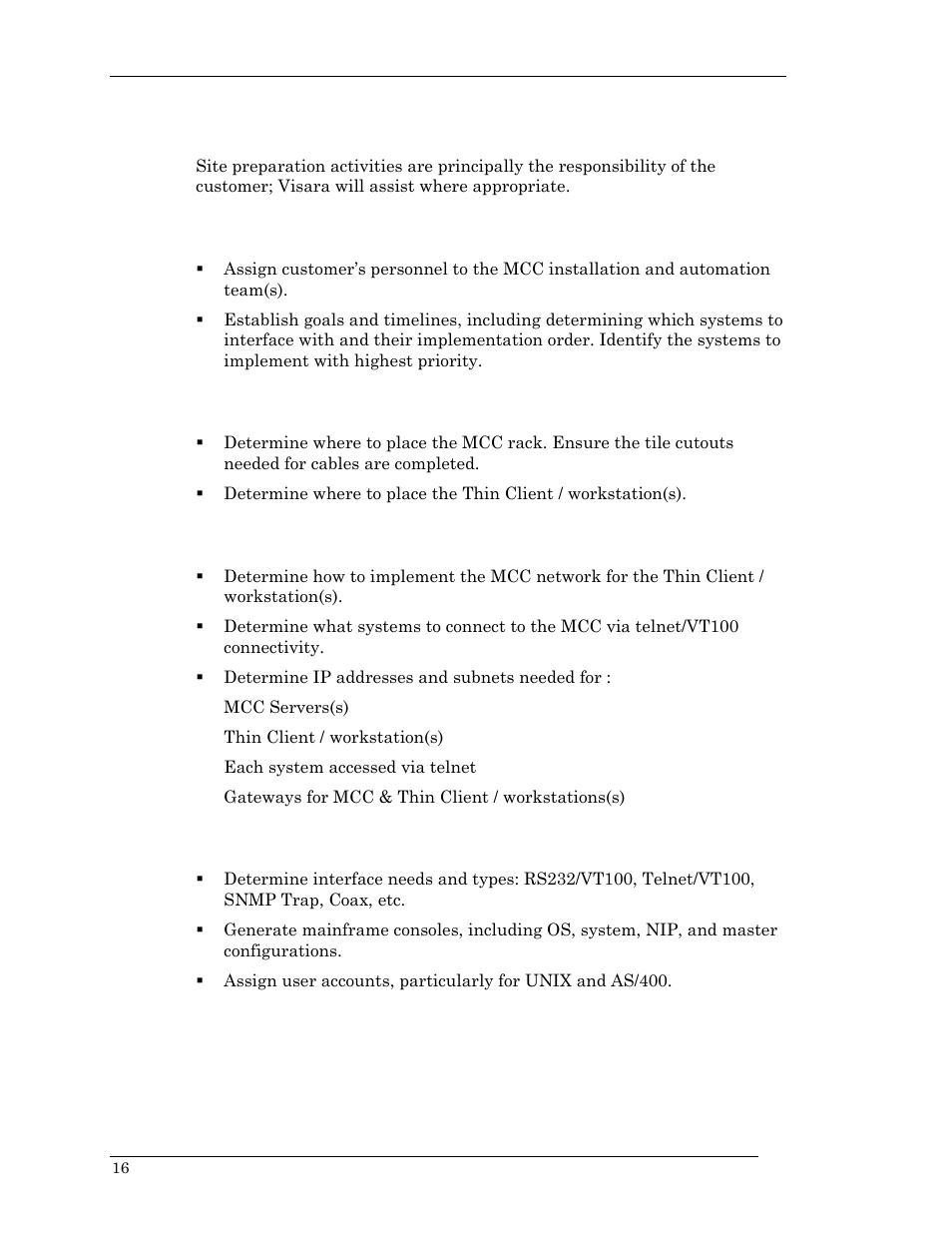 Site preparation, Project preparation, Location preparation | Network preparation (chapter 4 mcc network) | Visara Master Console Center Installation User Manual | Page 16 / 52
