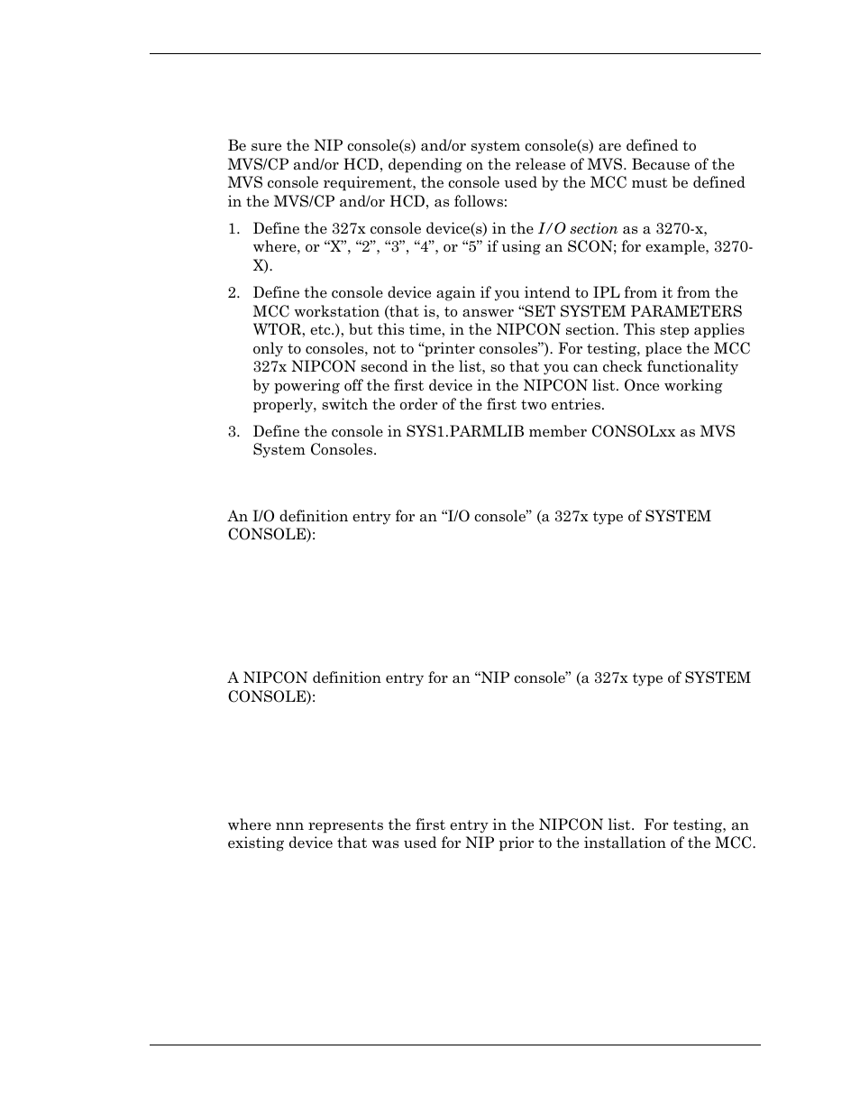 Defining the nip console(s) and system console(s), Examples of i/o definition entry | Visara Master Console Center Installation User Manual | Page 37 / 52