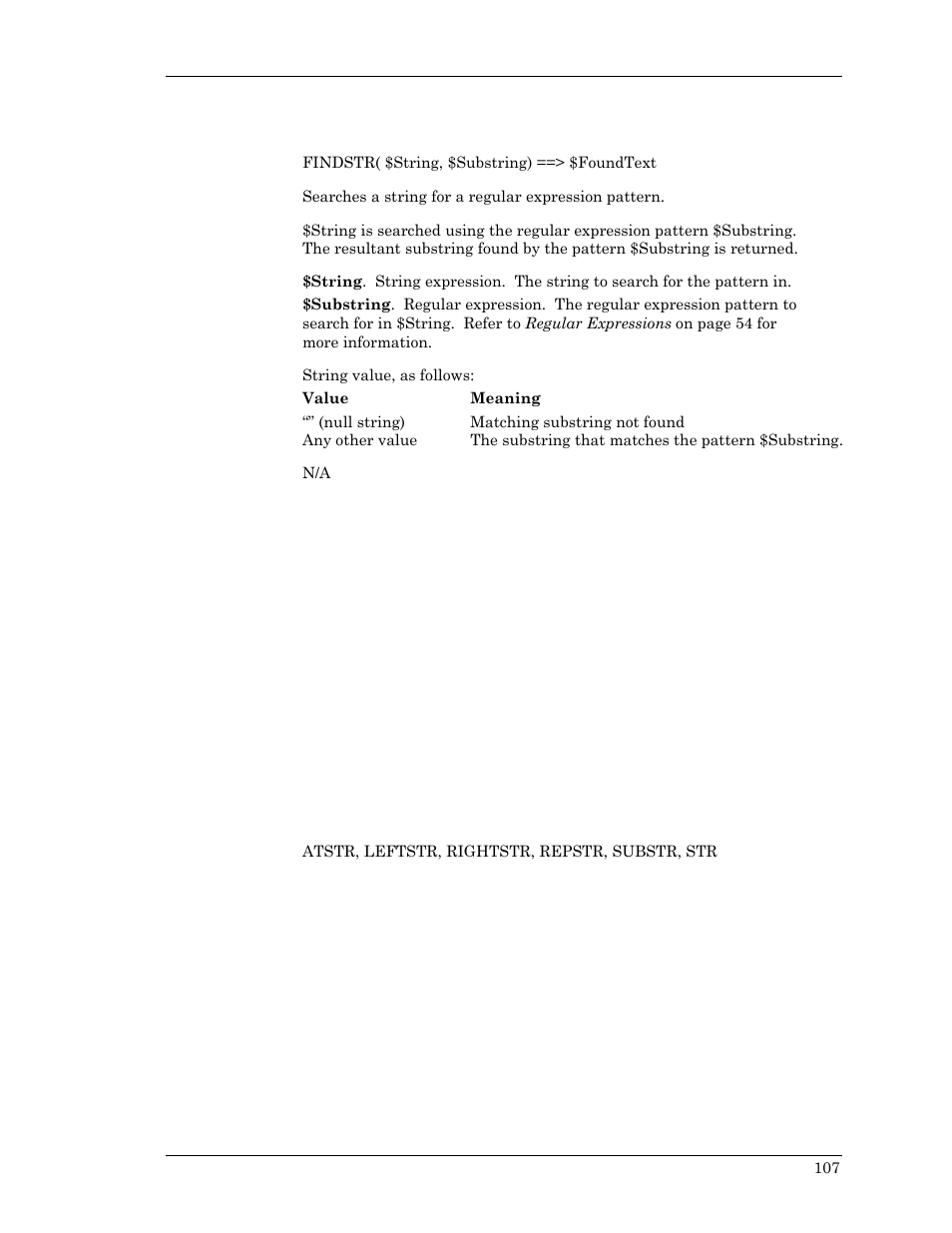 Findstr, Findstr, leftstr, rightstr | Visara Master Console Center Scripting Guide User Manual | Page 107 / 262