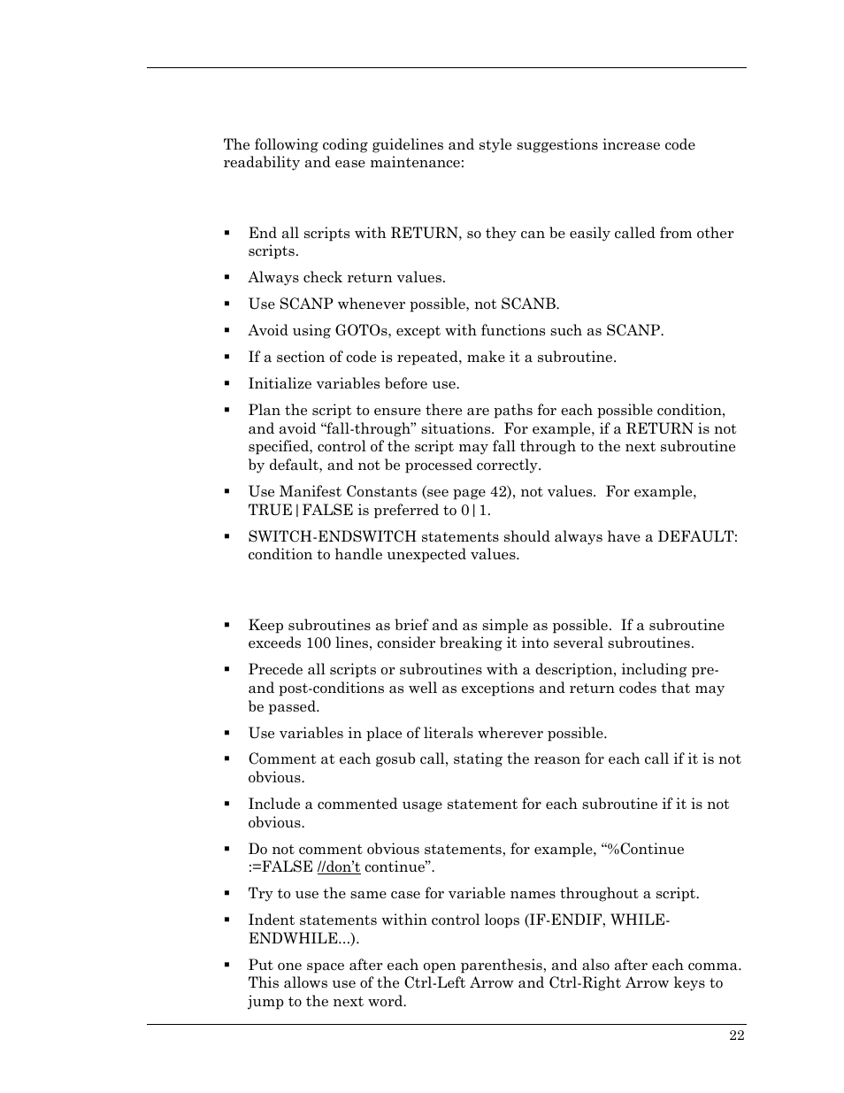 Script writing guidelines, Coding guidelines, Style suggestions | Coding guidelines style suggestions | Visara Master Console Center Scripting Guide User Manual | Page 22 / 262