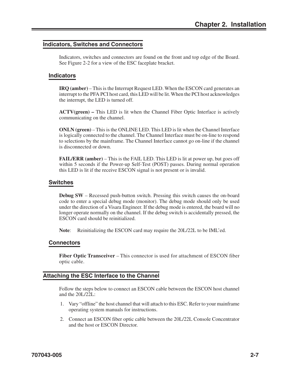 Indicators, switches and connectors, Attaching the esc interface to the channel, Connectors | Debug sw, Indicators, Actv (green), Fail/err (amber), Irq (amber), Onln (green), Switches | Visara SCON-20L Reference Manual User Manual | Page 15 / 44