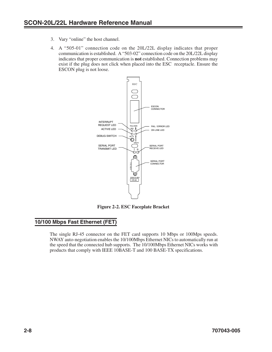 10/100 mbps fast ethernet (fet), 10/100 mbps fast ethernet (fet) -8, Scon-20l/22l hardware reference manual | Figure 2-2. esc faceplate bracket | Visara SCON-20L Reference Manual User Manual | Page 16 / 44