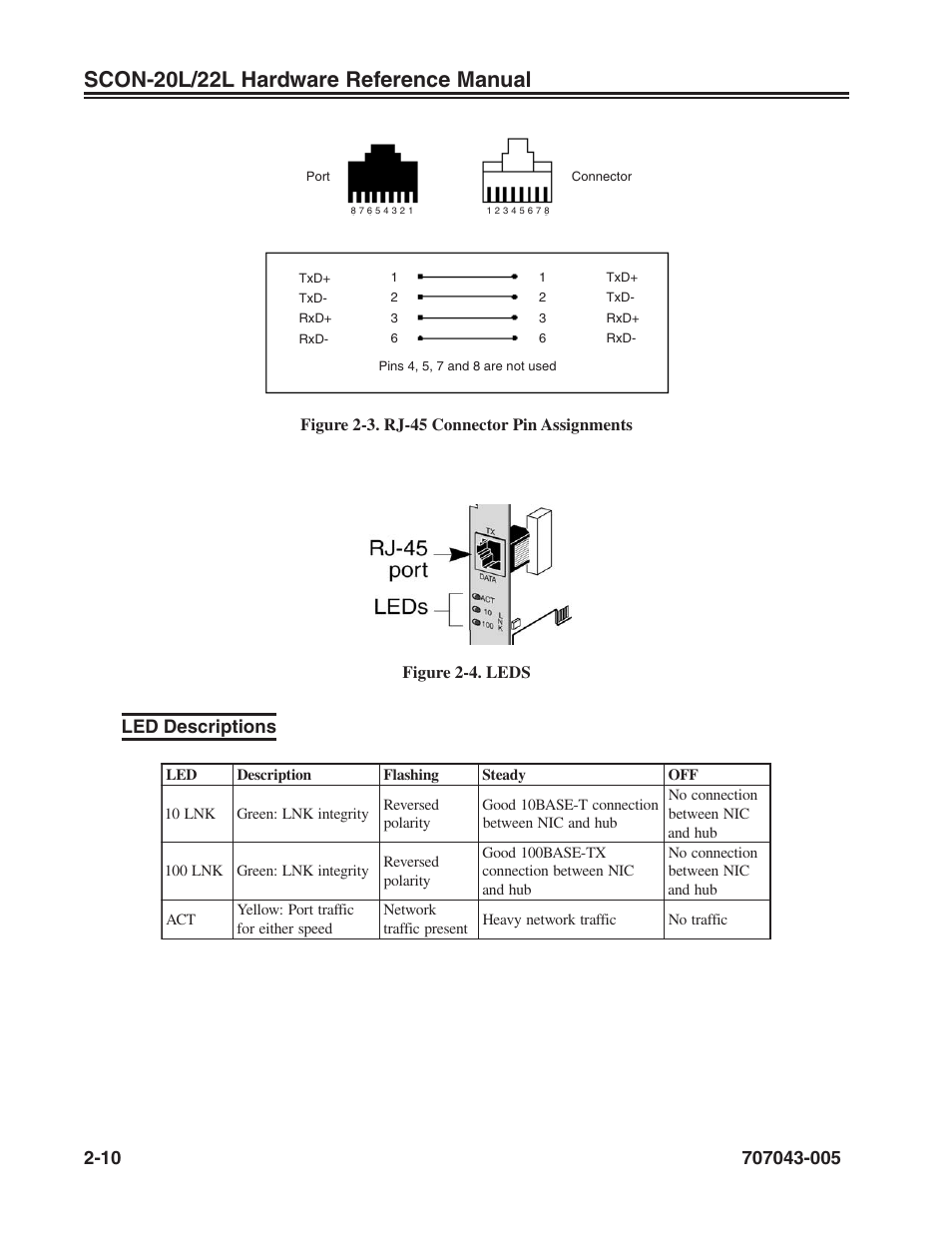 Led descriptions, Rj-45 connector pin assignments, Led descriptions -10 | Scon-20l/22l hardware reference manual | Visara SCON-20L Reference Manual User Manual | Page 18 / 44