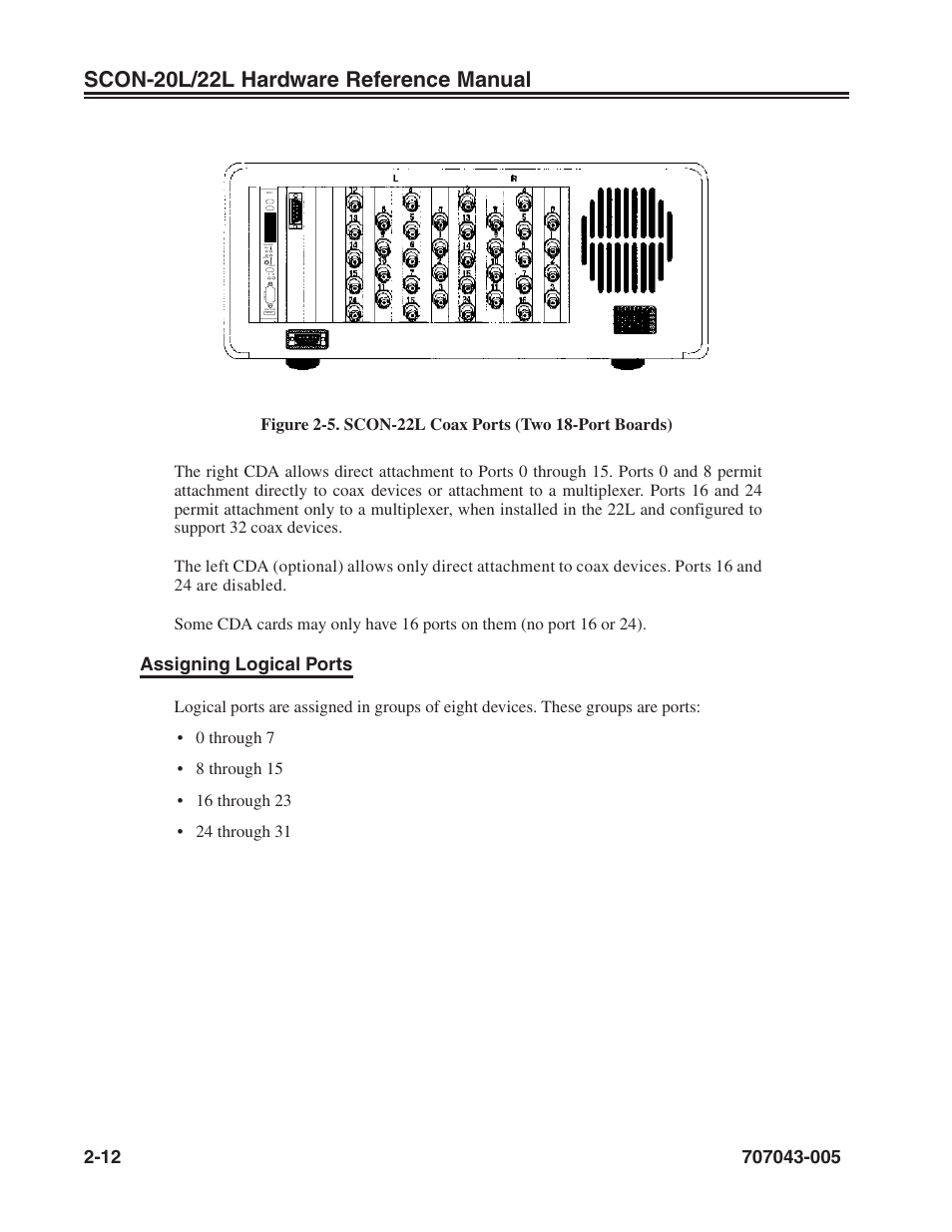 Coax ports, Scon-20l/22l hardware reference manual, Assigning logical ports | Visara SCON-20L Reference Manual User Manual | Page 20 / 44