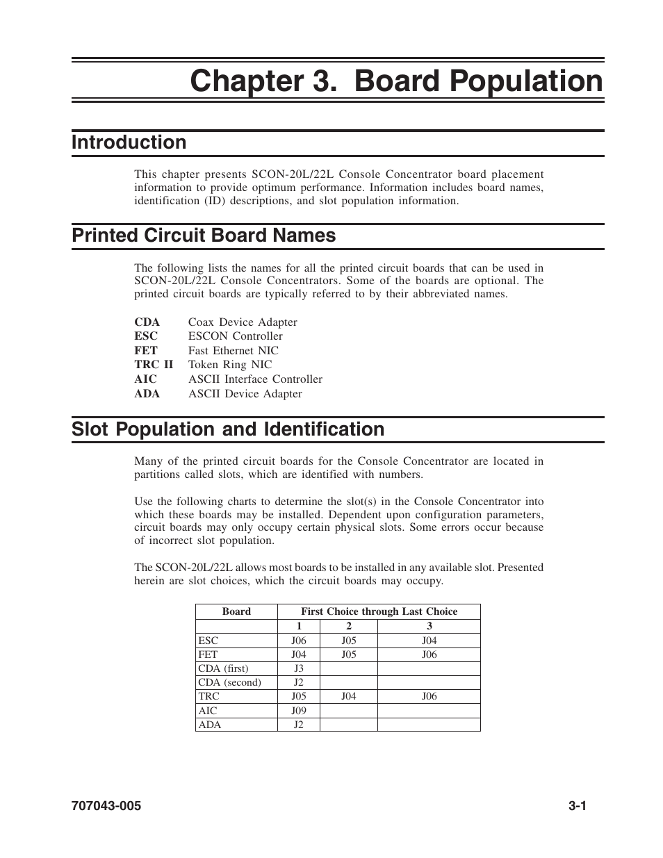 Chapter 3. board population, Introduction, Printed circuit board names | Slot population and identification, Slot population, Chapter 3. board population -1 | Visara SCON-20L Reference Manual User Manual | Page 21 / 44
