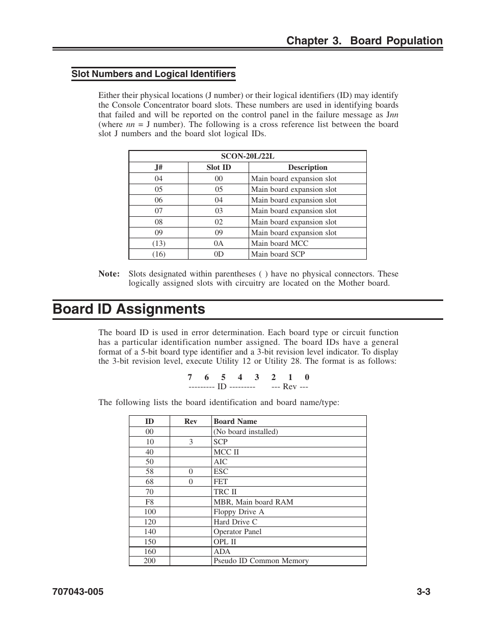 Slot numbers and logical identifiers, Board id assignments, Logical identifiers | Slot numbers, Slot numbers and logical identifiers -3, Board id assignments -3, Chapter 3. board population | Visara SCON-20L Reference Manual User Manual | Page 23 / 44