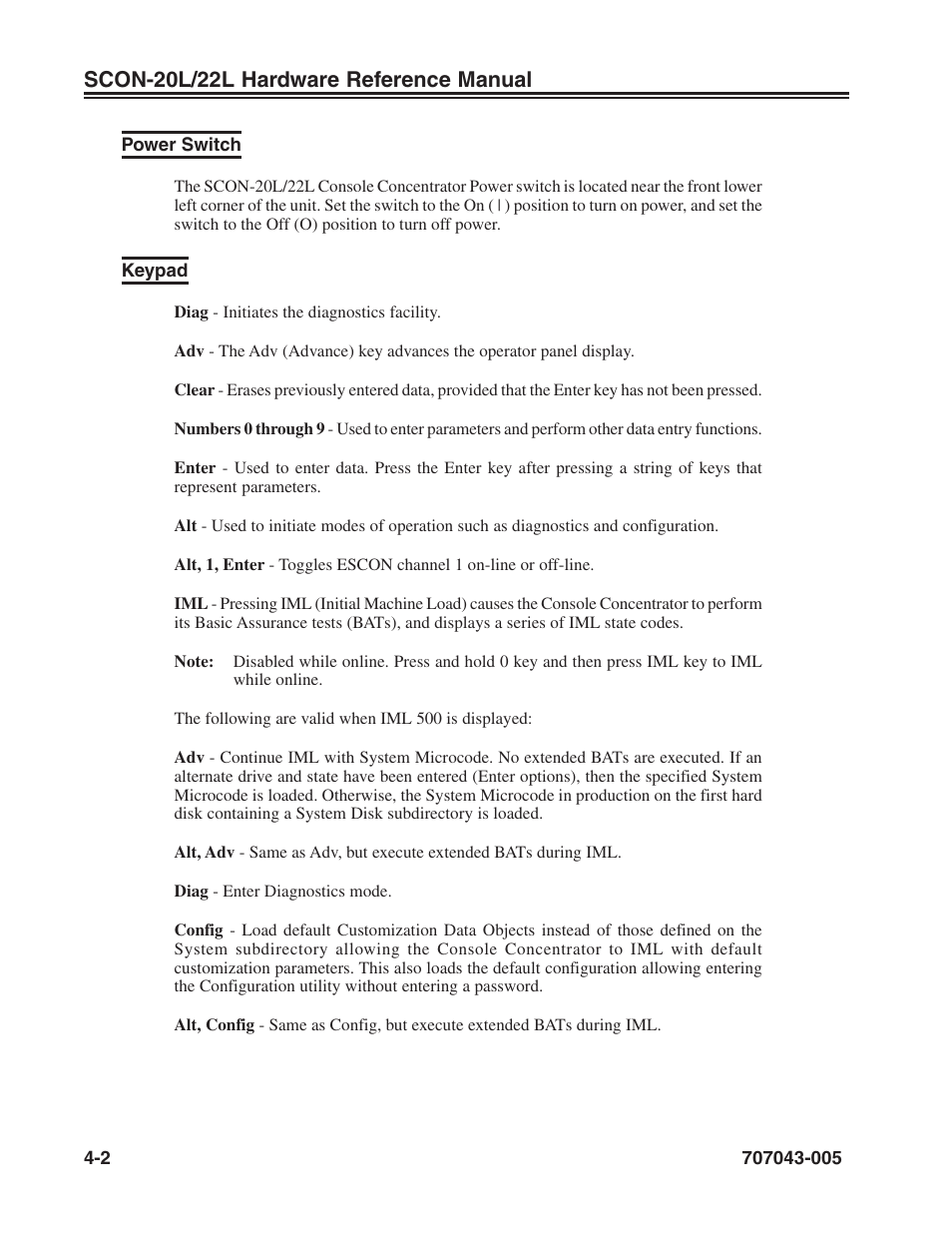 Power switch, Keypad, Power switch -2 keypad -2 | Scon-20l/22l hardware reference manual | Visara SCON-20L Reference Manual User Manual | Page 26 / 44