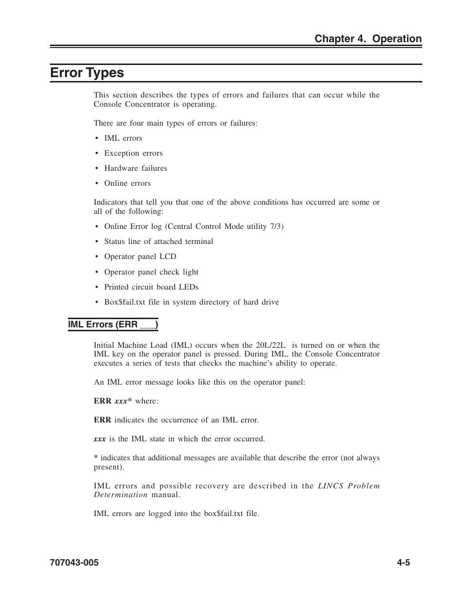 Error types, Iml errors (err ___), Error types -5 | Iml errors (err ___) -5 | Visara SCON-20L Reference Manual User Manual | Page 29 / 44
