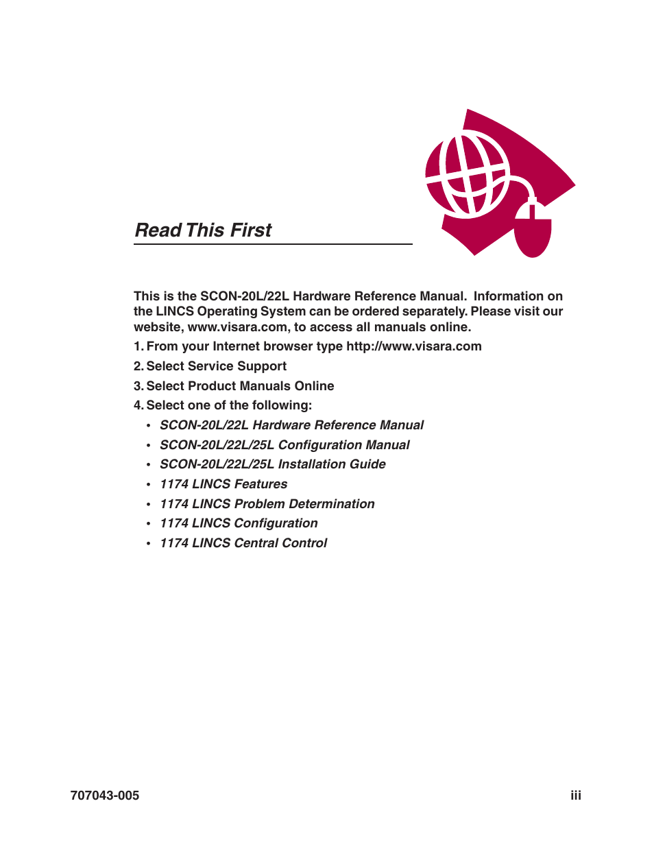 Read this first | Visara SCON-20L Reference Manual User Manual | Page 3 / 44
