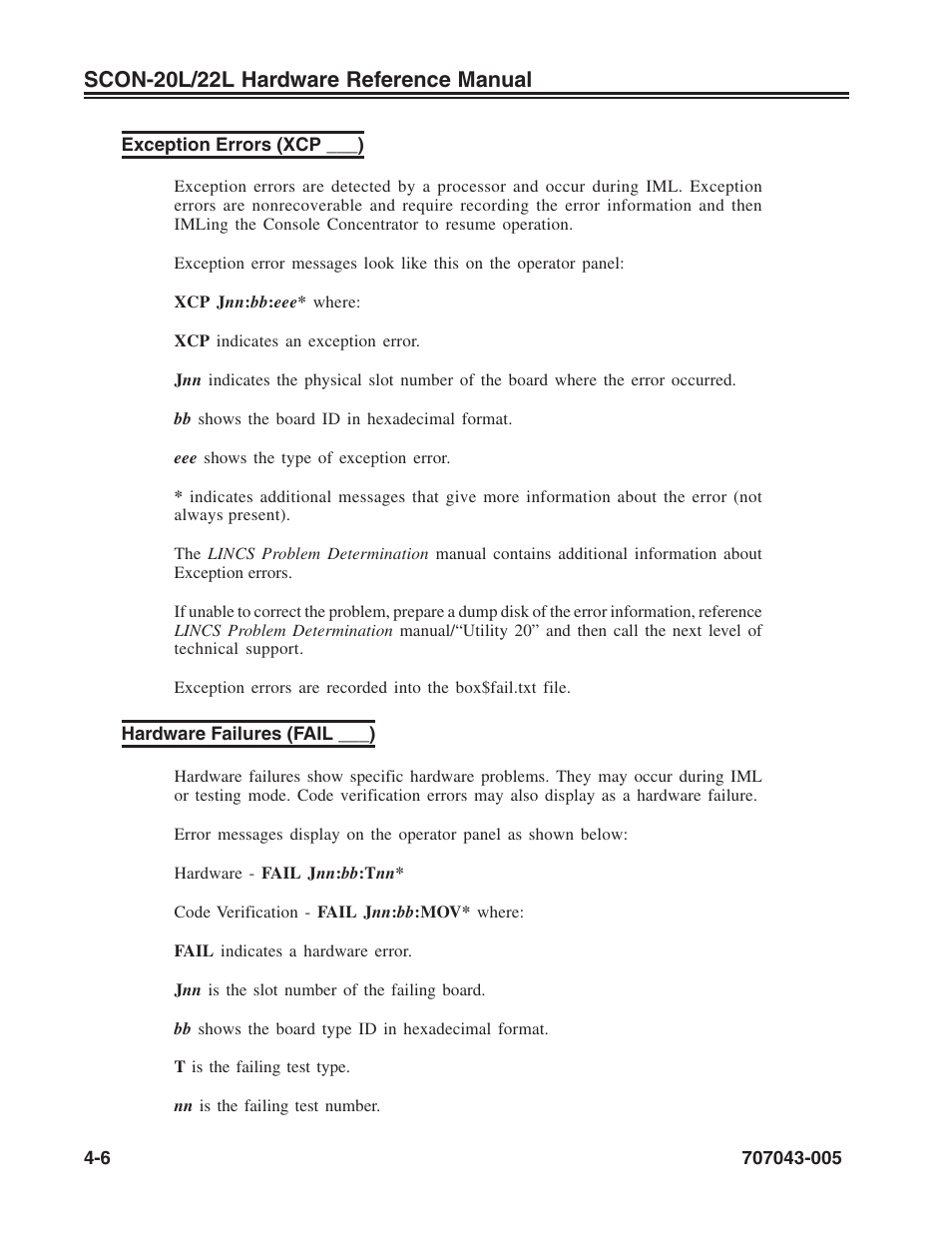 Exception errors (xcp ___), Hardware failures (fail ___), Scon-20l/22l hardware reference manual | Visara SCON-20L Reference Manual User Manual | Page 30 / 44