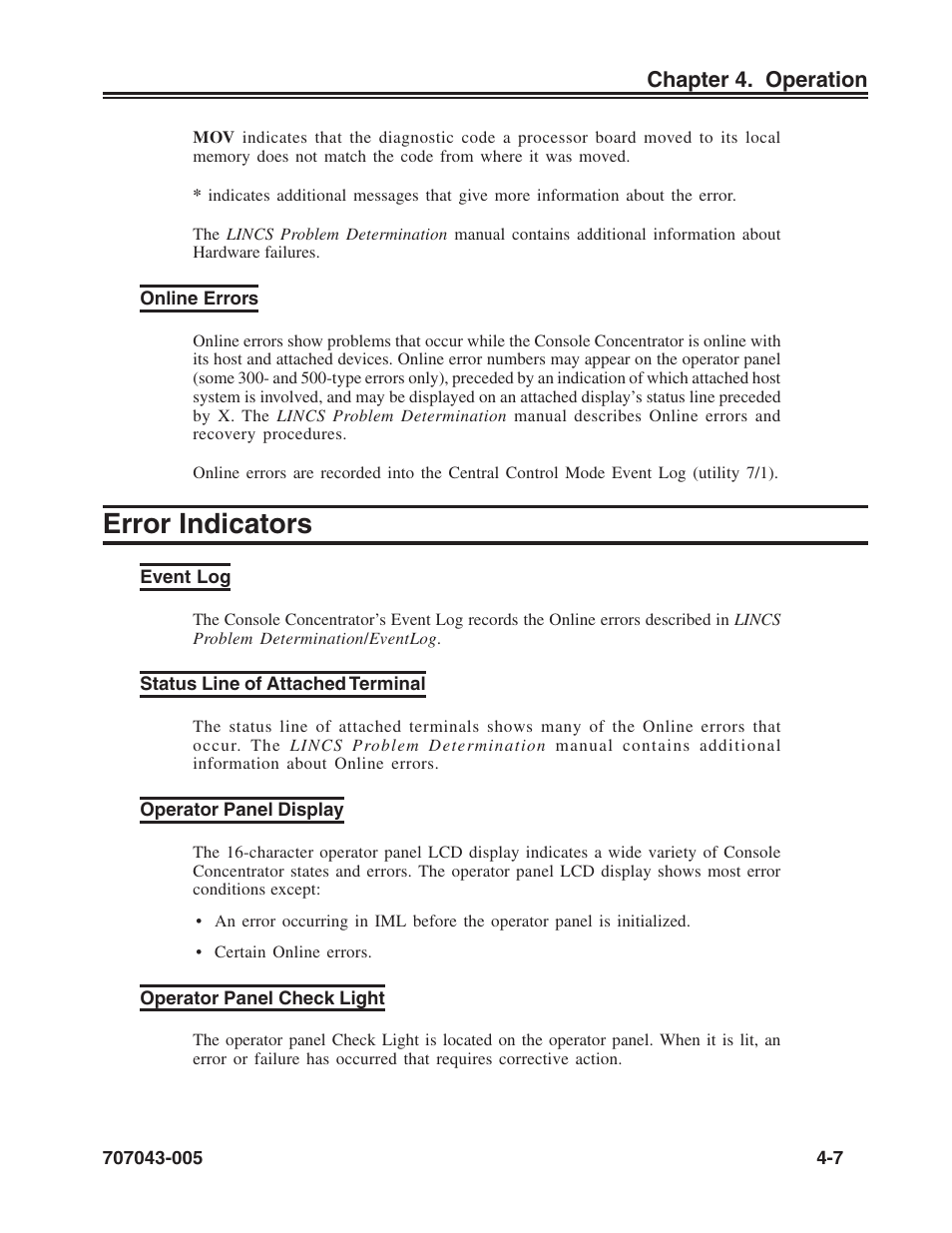 Online errors, Error indicators, Event log | Status line of attached terminal, Operator panel display, Operator panel check light, Online errors -7, Error indicators -7 | Visara SCON-20L Reference Manual User Manual | Page 31 / 44