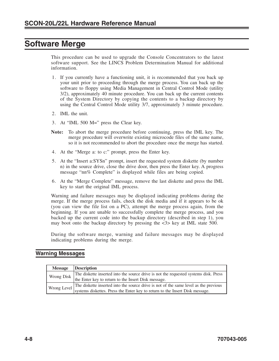 Software merge, Warning messages, Software merge -8 | Warning messages -8, Scon-20l/22l hardware reference manual | Visara SCON-20L Reference Manual User Manual | Page 32 / 44