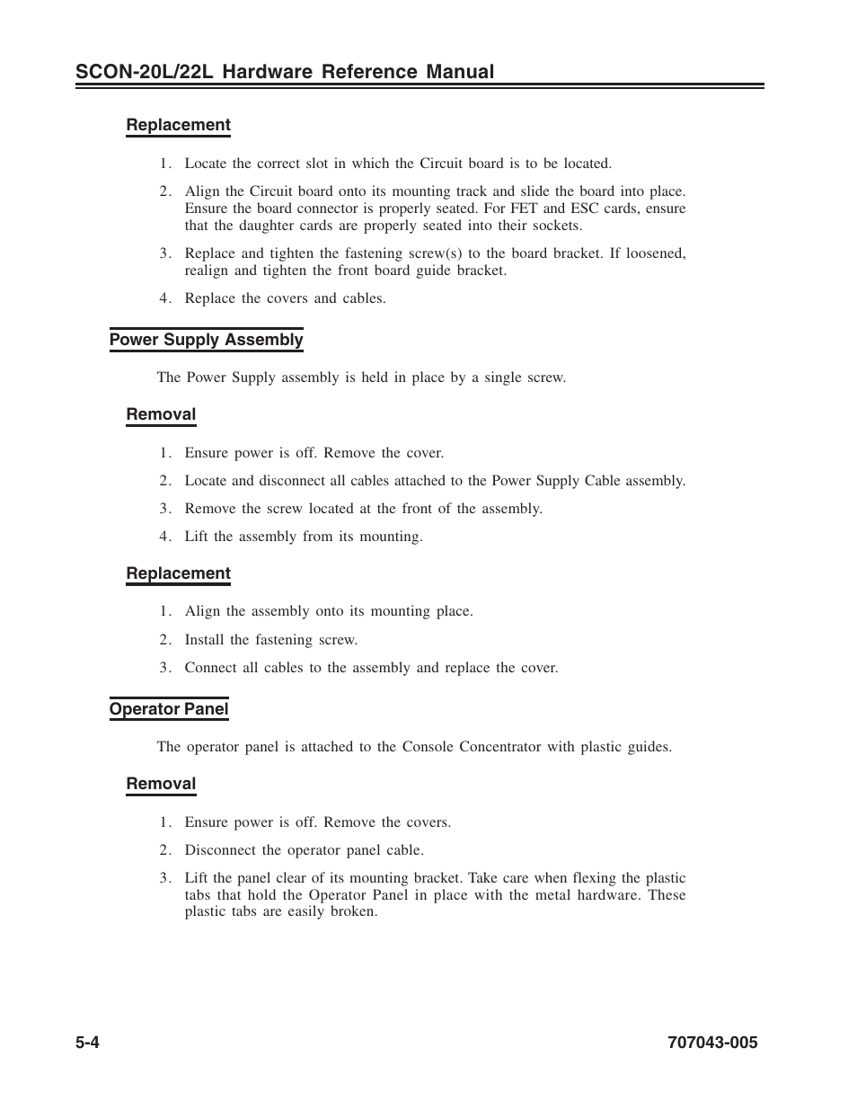 Power supply assembly, Operator panel, Power supply assembly -4 operator panel -4 | Scon-20l/22l hardware reference manual | Visara SCON-20L Reference Manual User Manual | Page 38 / 44