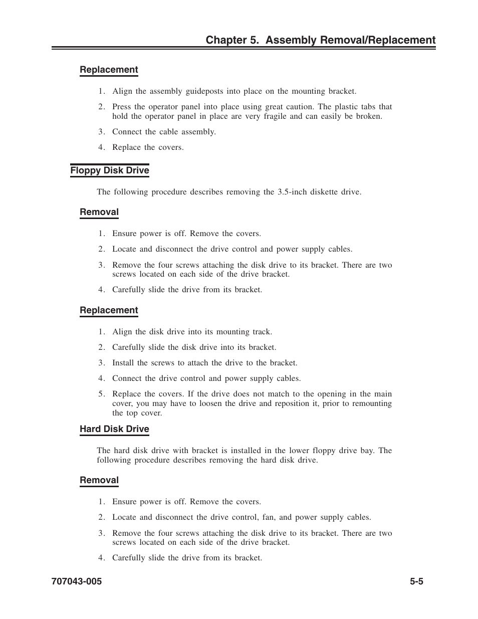Floppy disk drive, Hard disk drive, Floppy disk drive -5 | Chapter 5. assembly removal/replacement | Visara SCON-20L Reference Manual User Manual | Page 39 / 44