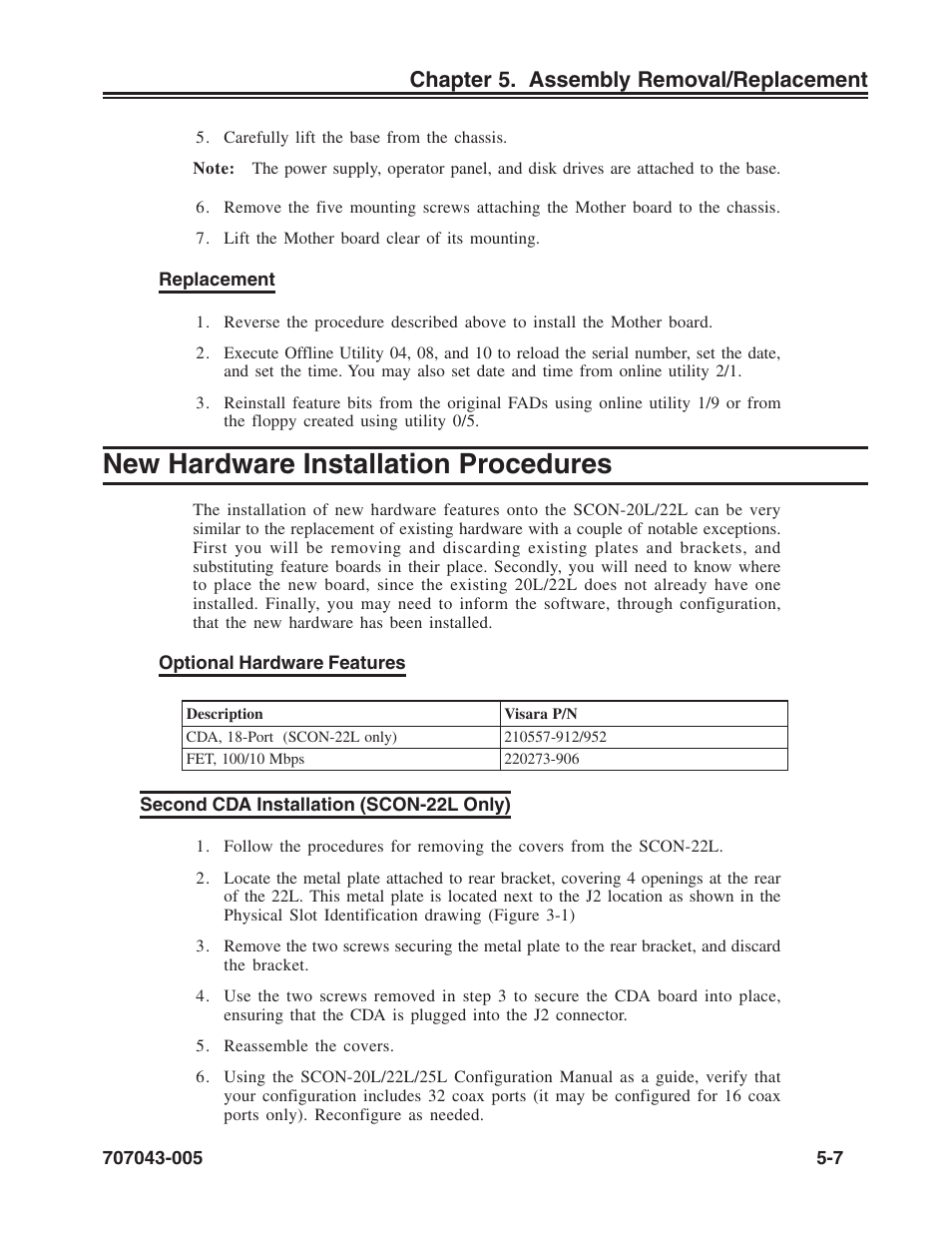 New hardware installation procedures, Second cda installation (scon-22l only), Second cda | Optional hardware features, Second cda installation, New hardware installation procedures -7, Second cda installation (scon-22l only) -7, Chapter 5. assembly removal/replacement | Visara SCON-20L Reference Manual User Manual | Page 41 / 44
