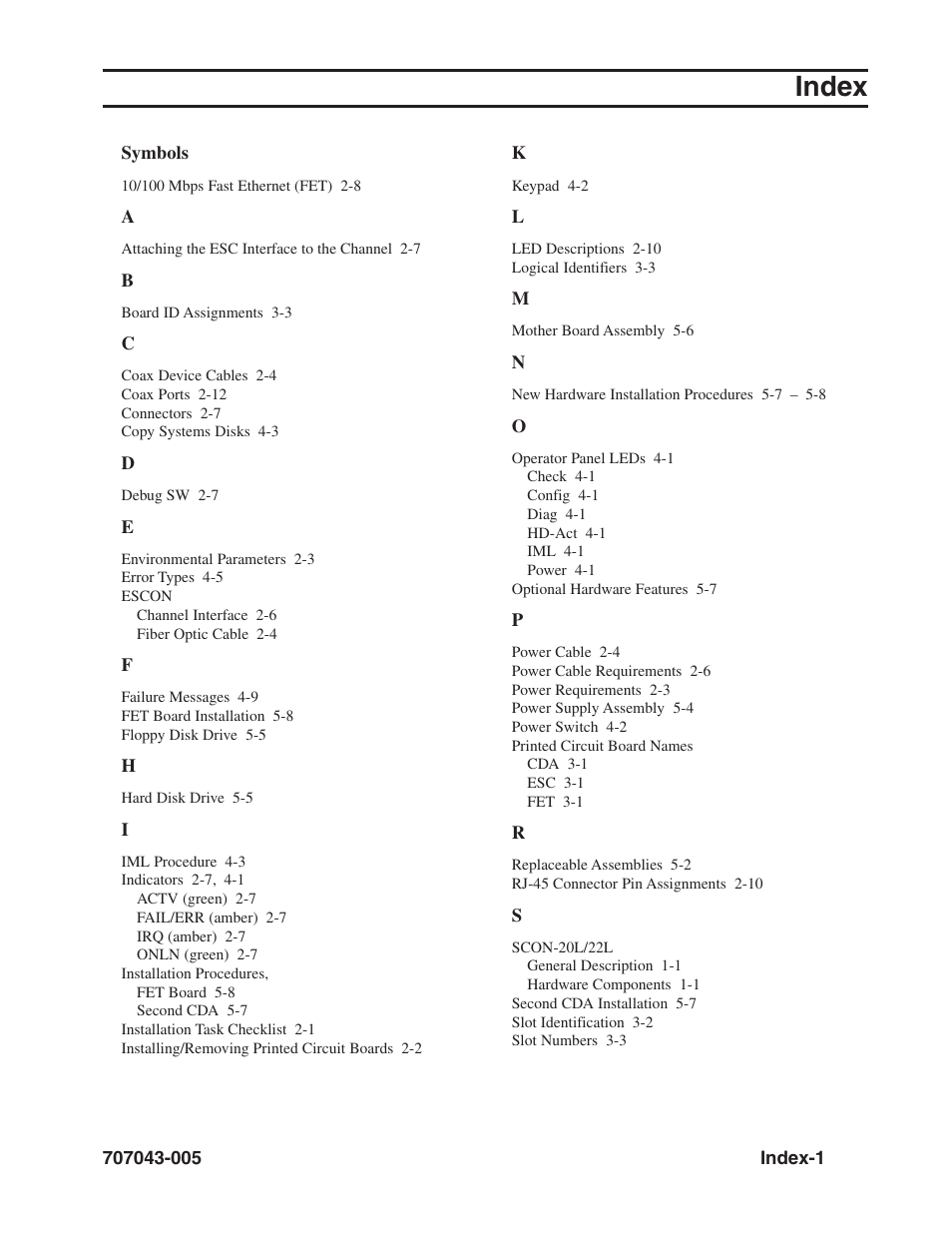 Index, Symbols, Escon | Installation procedures, Printed circuit board names, Scon-20l/22l | Visara SCON-20L Reference Manual User Manual | Page 43 / 44