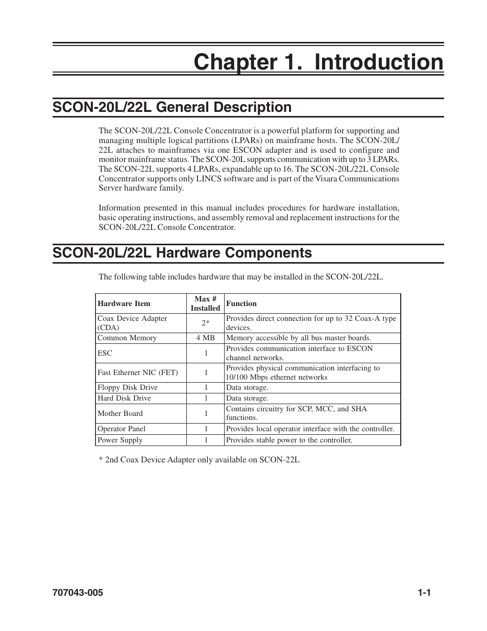 Chapter 1. introduction, Scon-20l/22l general description, Scon-20l/22l hardware components | General description, Hardware components, Chapter 1. introduction -1 | Visara SCON-20L Reference Manual User Manual | Page 7 / 44