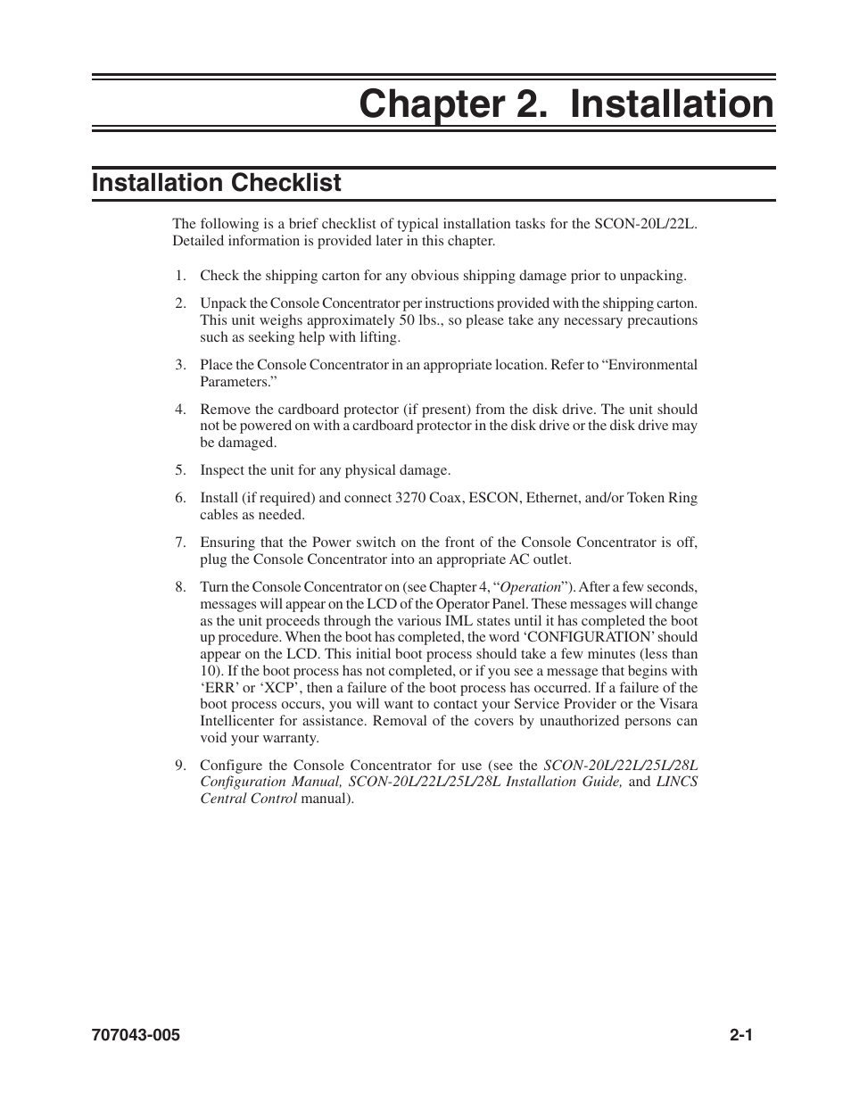 Chapter 2. installation, Installation checklist, Installation task checklist | Chapter 2. installation -1, Installation checklist -1 | Visara SCON-20L Reference Manual User Manual | Page 9 / 44