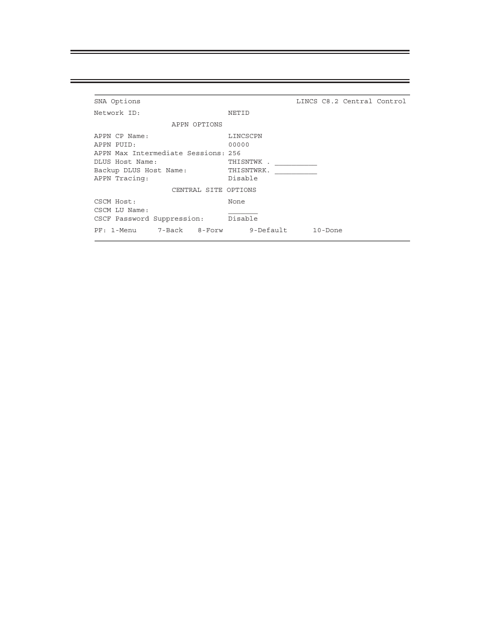 Sna options, Network id, Appn cp name | Appn puid, Network id appn cp name appn puid | Visara LINCS Configuration User Manual | Page 147 / 240