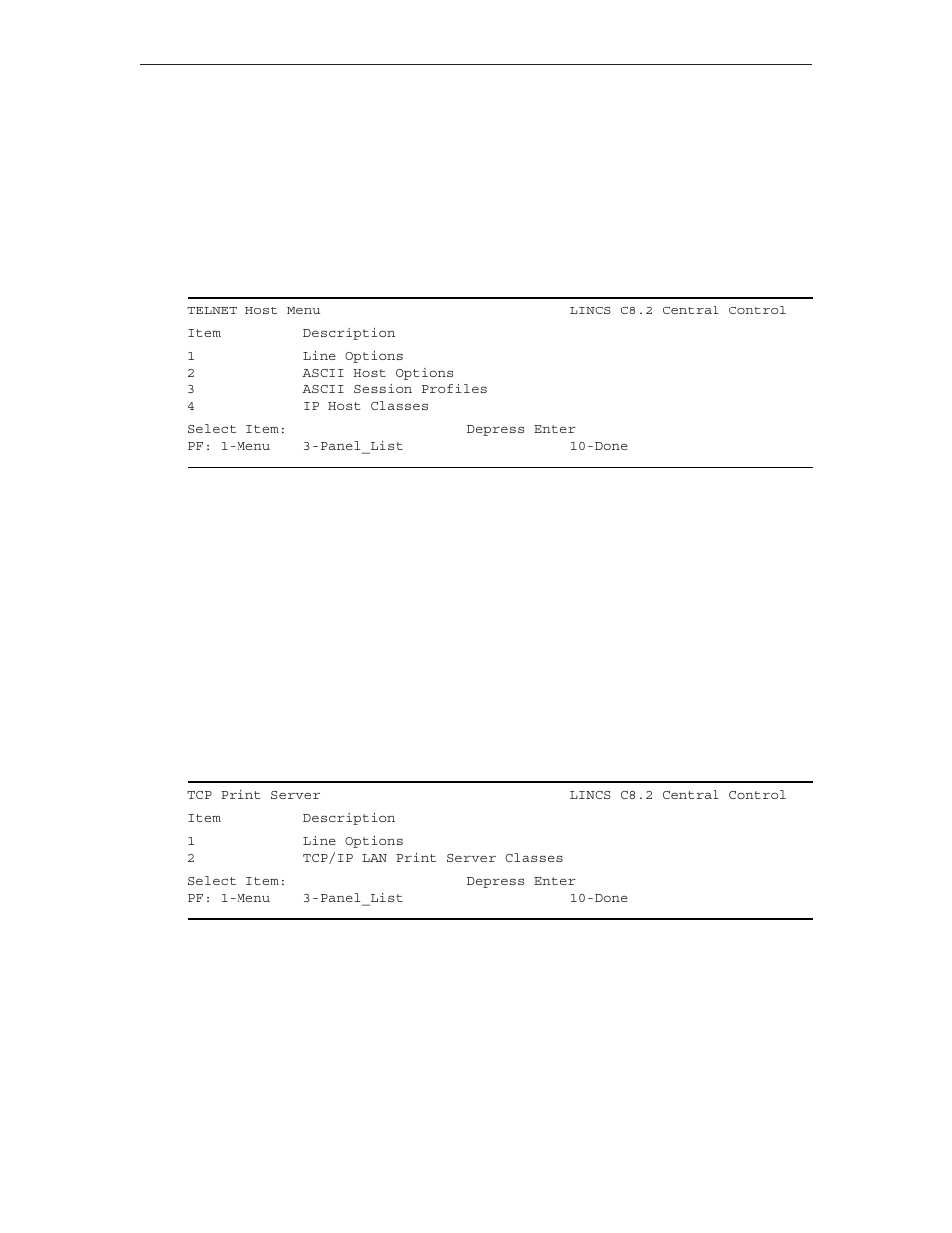 Telnet host menu, Tcp print server menu, Telnet host menu tcp print server menu | Visara LINCS Configuration User Manual | Page 31 / 240