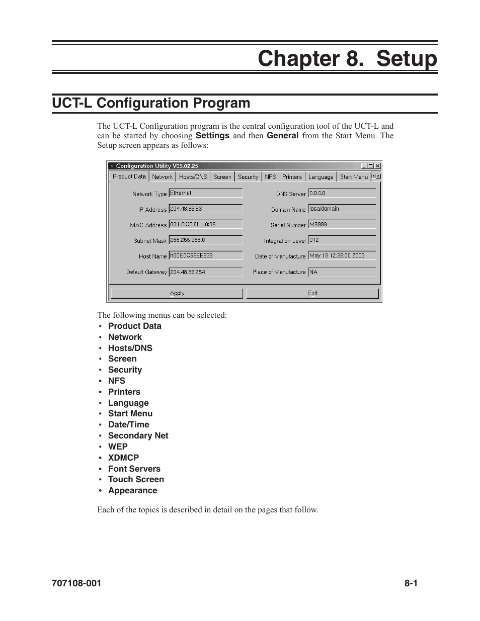 Chapter 8. setup -1, Uct-l configuration program -1, Chapter 8. setup | Uct-l configuration program | Visara UCT-L User Manual | Page 143 / 160