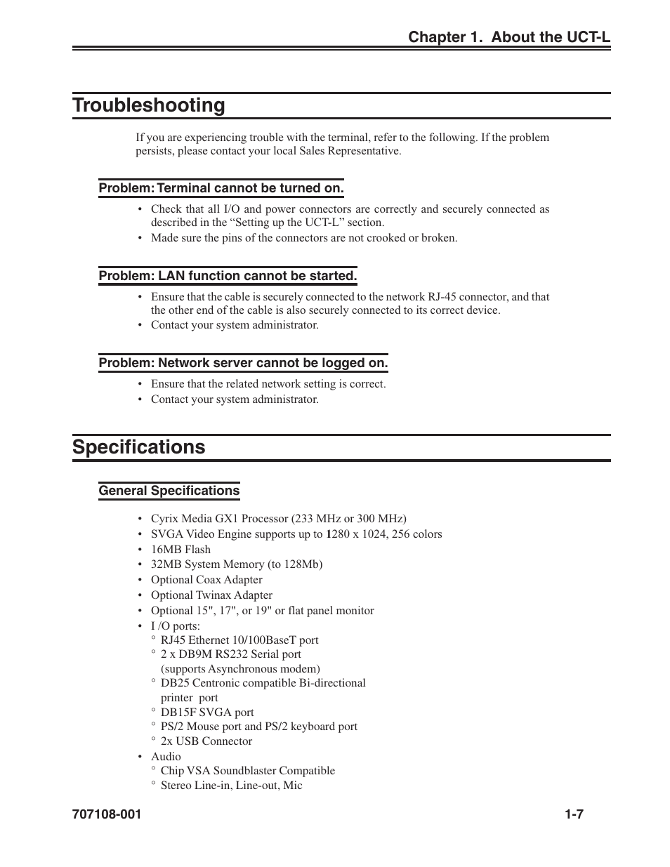 Troubleshooting -7, Specifications -7, General specifications -7 | Troubleshooting, Specifications | Visara UCT-L User Manual | Page 15 / 160