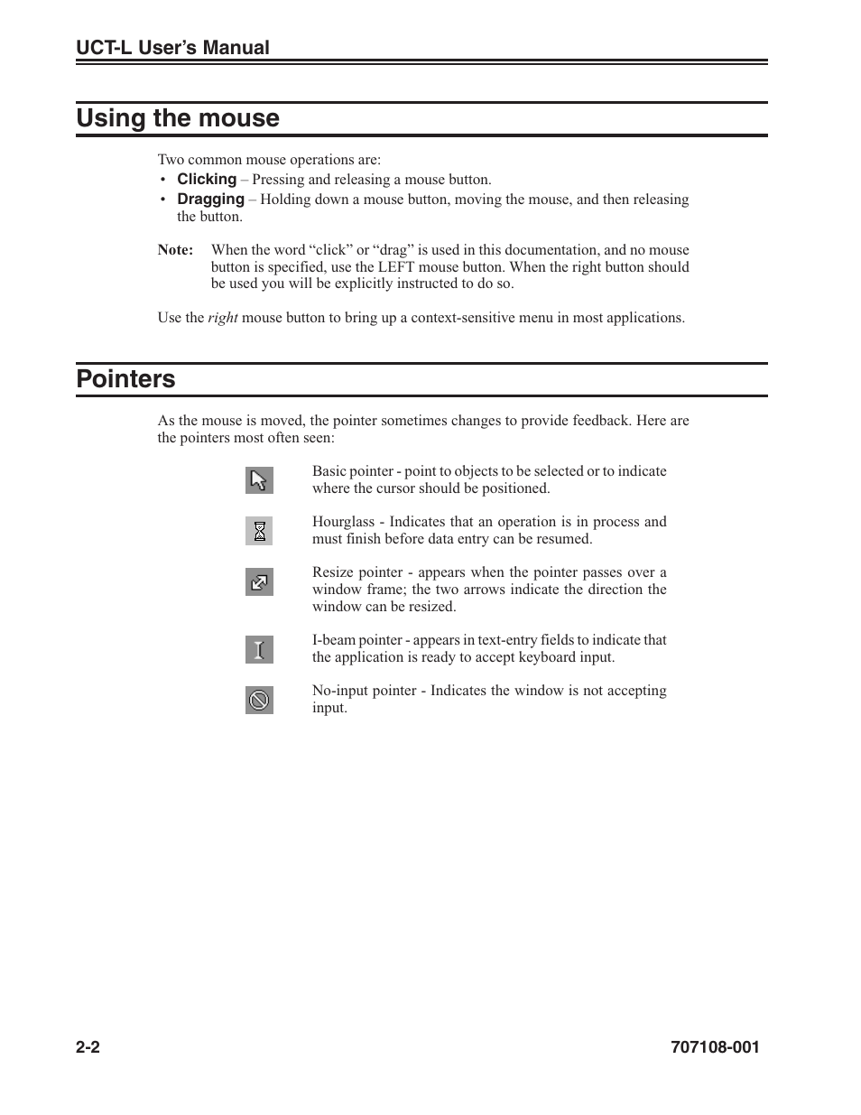 Using the mouse -2 pointers -2, Using the mouse, Pointers | Visara UCT-L User Manual | Page 20 / 160