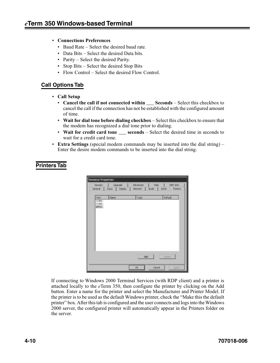 Printers tab, Printers tab -10 | Visara eTerm 350 User Manual | Page 52 / 70