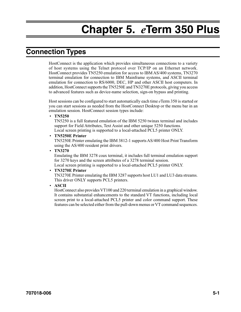 Chapter 5. eterm 350 plus, Connection types, Chapter 5. e term 350 plus -1 | Connection types -1, Chapter 5. e term 350 plus | Visara eTerm 350 User Manual | Page 63 / 70