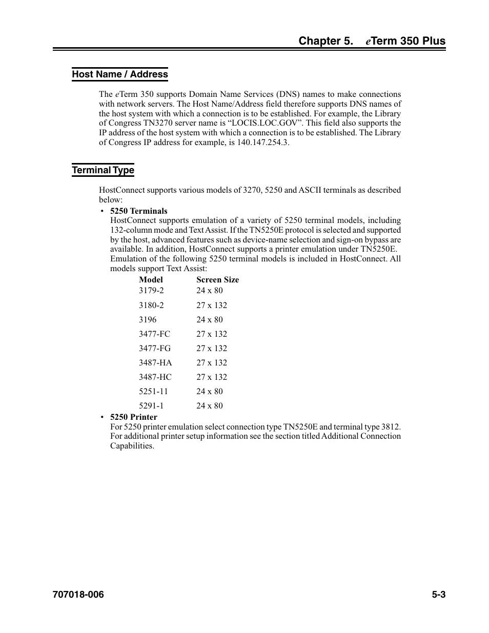 Host name / address, Terminal type, Host name / address -3 terminal type -3 | Chapter 5. e term 350 plus | Visara eTerm 350 User Manual | Page 65 / 70