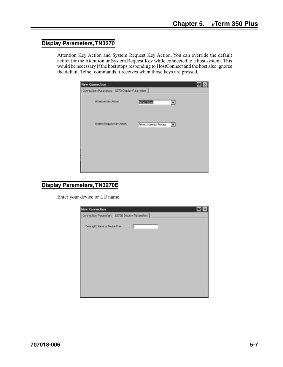 Display parameters, tn3270, Display parameters, tn3270e | Visara eTerm 350 User Manual | Page 69 / 70