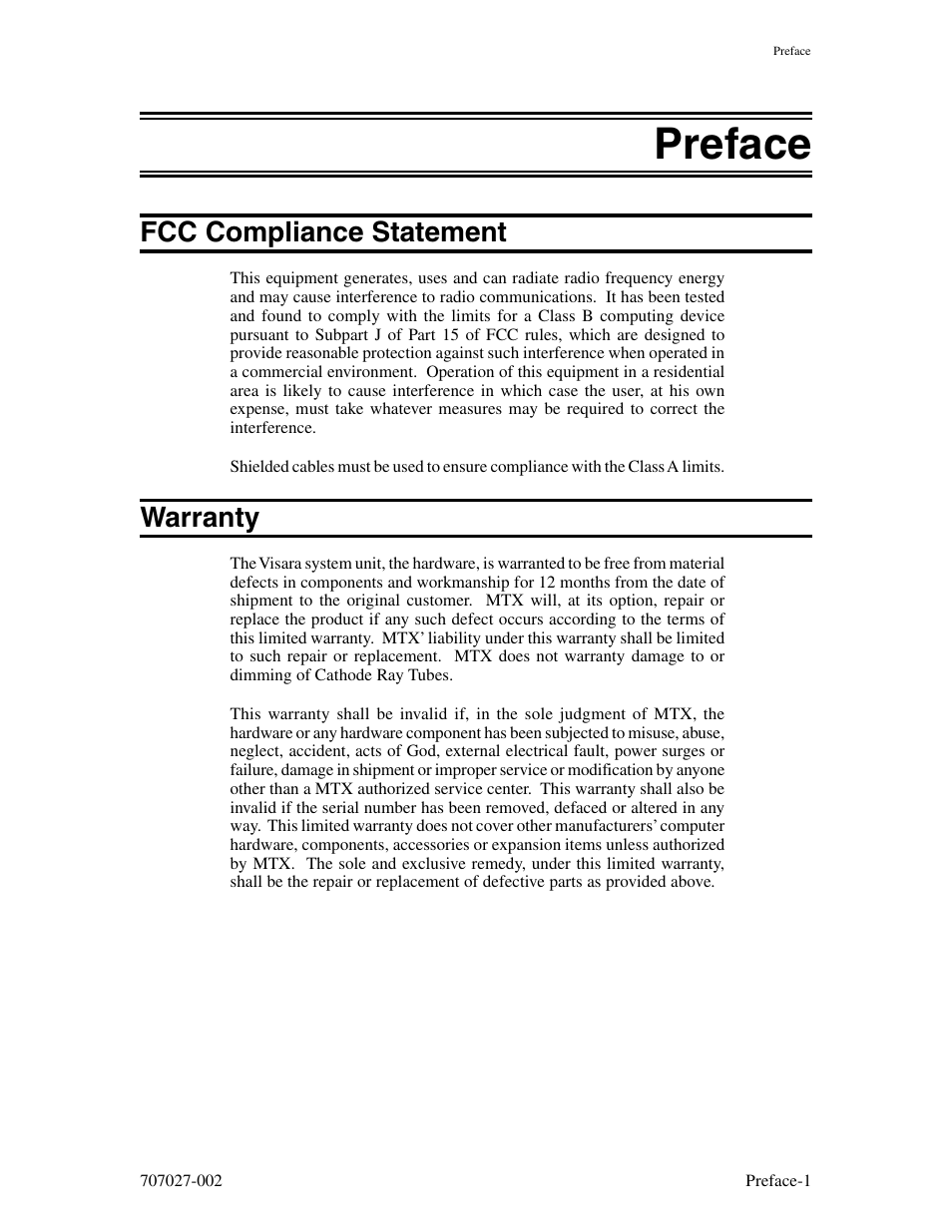 Preface, Fcc compliance statement, Warranty | Visara 410 User Manual | Page 11 / 86