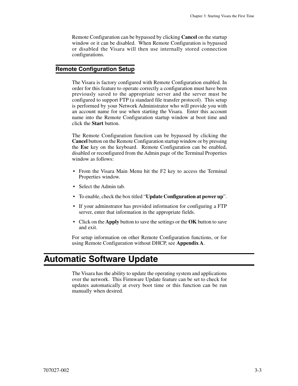 Remote configuration setup, Automatic software update, Remote configuration setup -3 | Automatic software update -3 | Visara 410 User Manual | Page 21 / 86