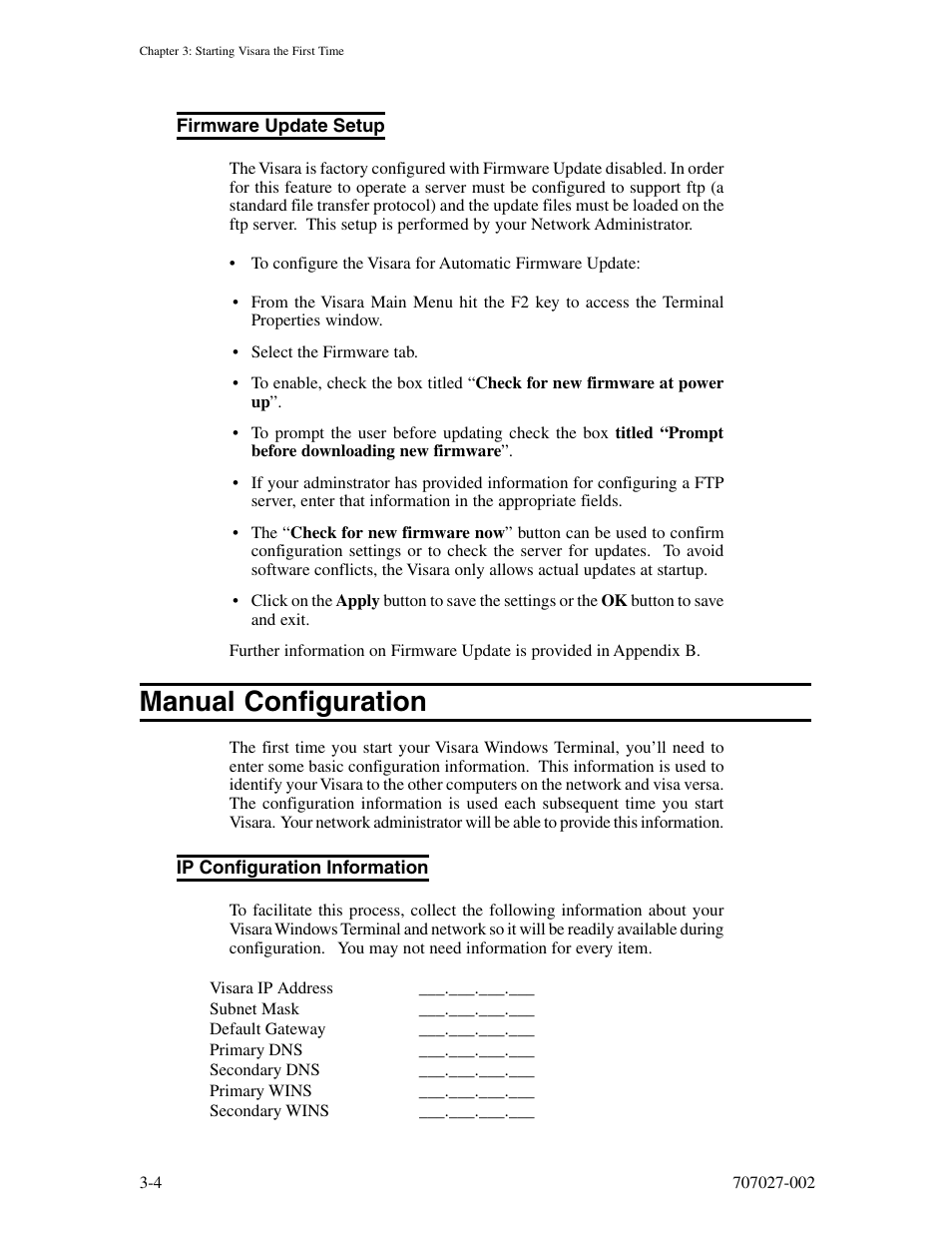 Firmware update setup, Manual configuration, Ip configuration information | Firmware update setup -4, Manual configuration -4, Ip configuration information -4 | Visara 410 User Manual | Page 22 / 86