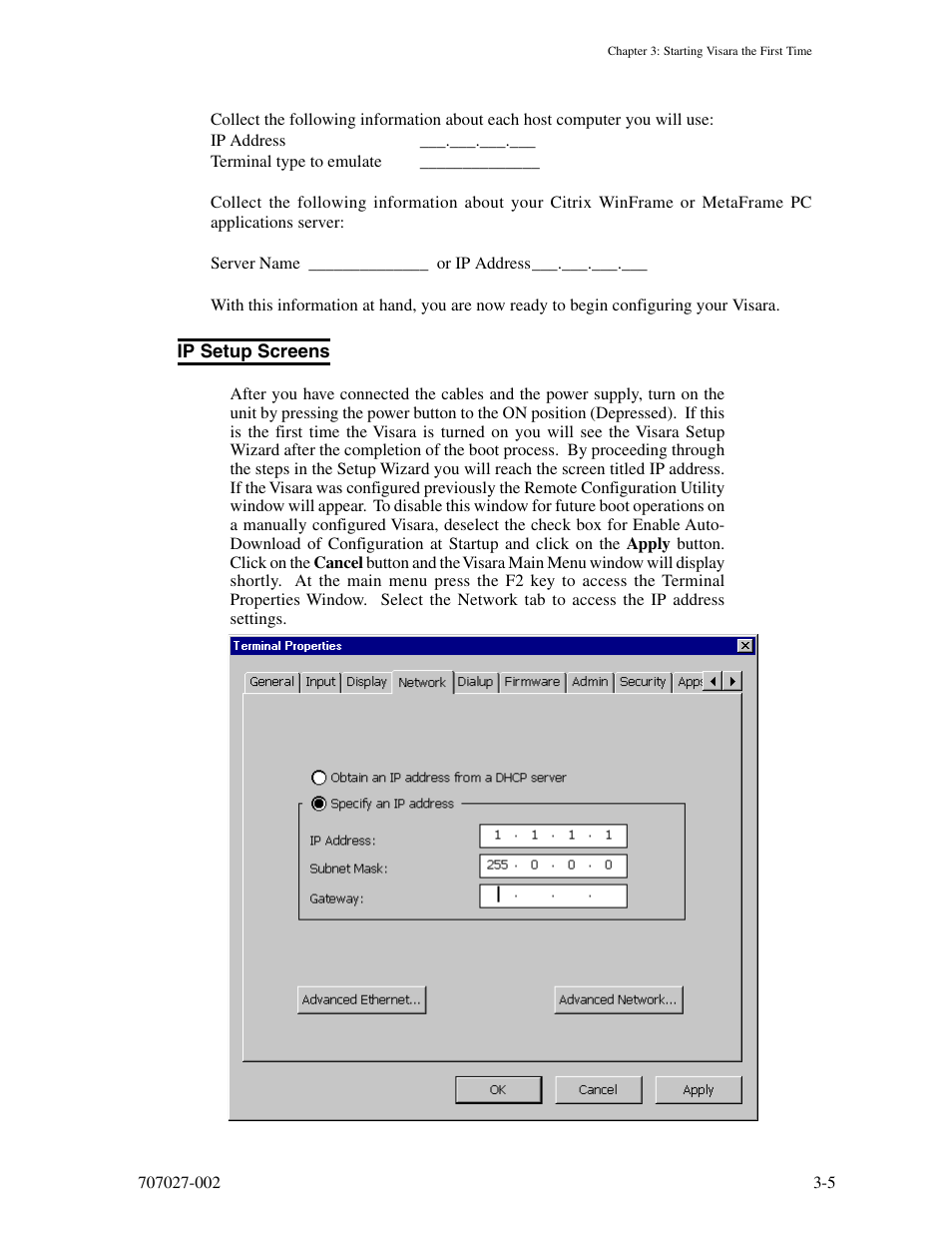 Ip setup screens, Ip setup screens -5 | Visara 410 User Manual | Page 23 / 86
