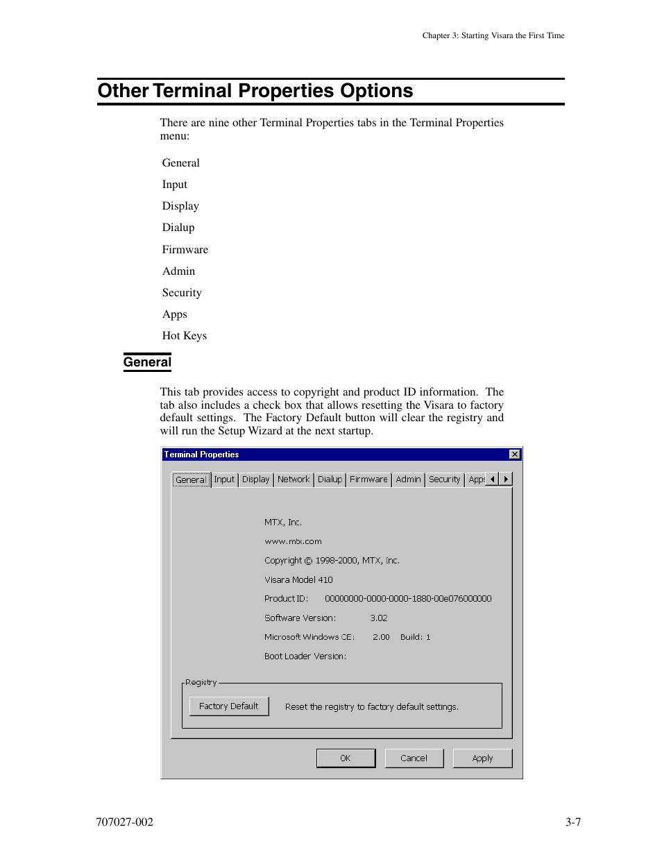 Other terminal properties options, General, Other terminal properties options -7 | General -7 | Visara 410 User Manual | Page 25 / 86