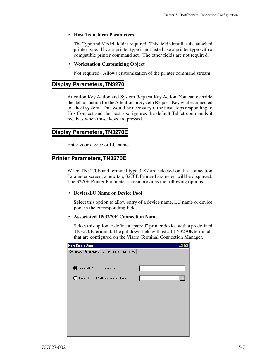 Display parameters, tn3270, Display parameters, tn3270e, Printer parameters, tn3270e | Visara 410 User Manual | Page 43 / 86